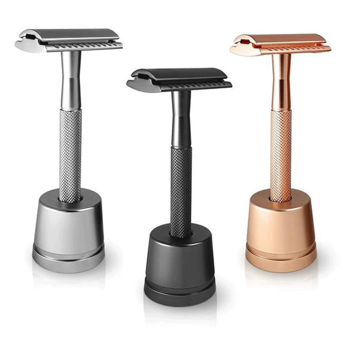 Een foto van Bambaw's safety razor met houder in 3 verschillende kleuren