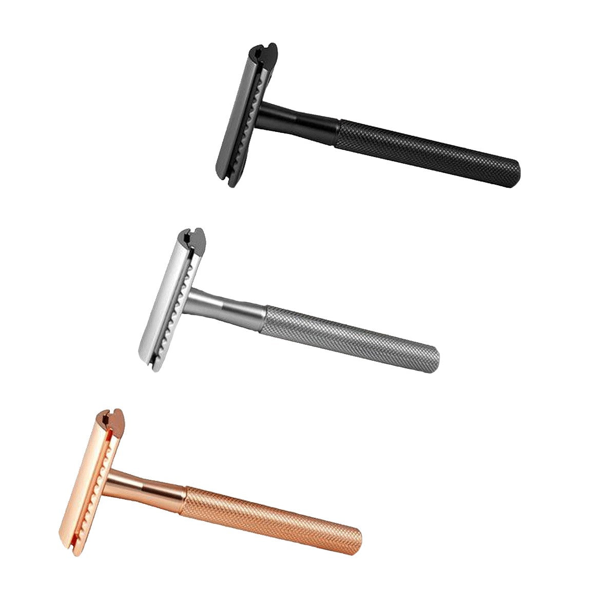Een foto van Bambaw's safety razors in 3 verschillende kleuren