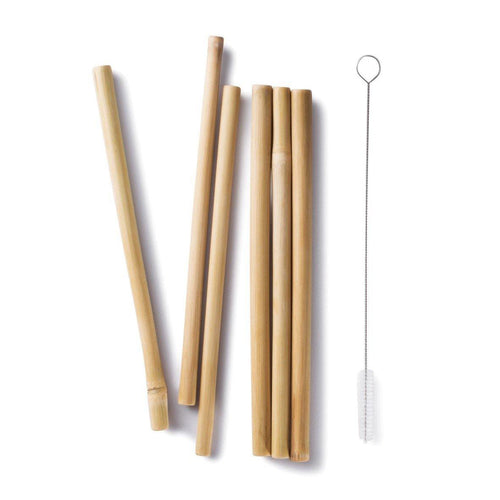 Een foto van Bambu's set van 6 identieke bamboe rietjes met schoonmaakborsteltje