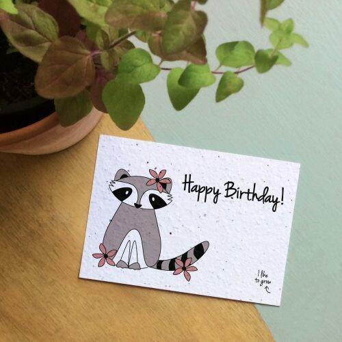 Bloeikaarten met een Wilde Bloemen-Zaadmix, racoon happy birthday