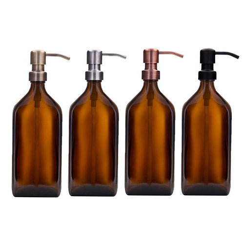 Kuishi Rectangle Amber Glass Soap Dispenser with Stainless Steel Pump All
