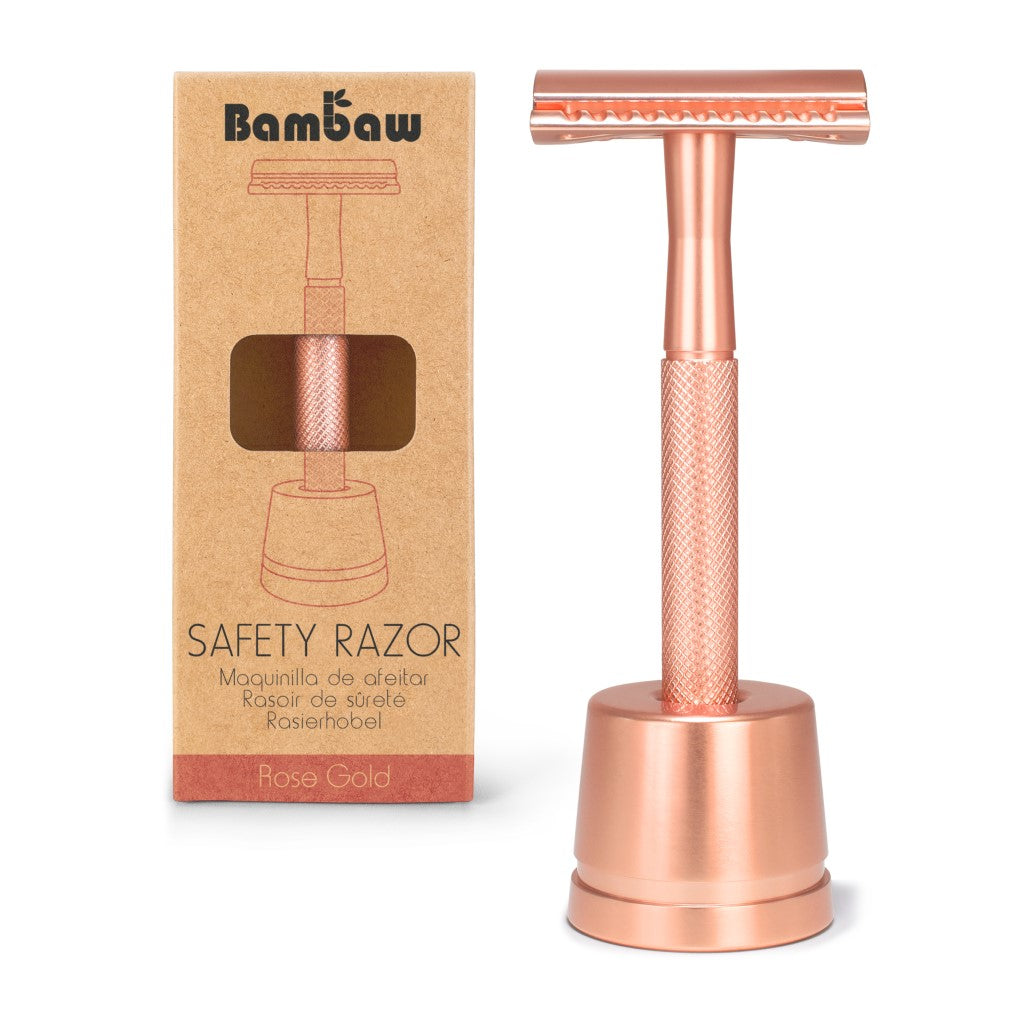 Bambaw Metalen Safety Razor met Houder Roségoud