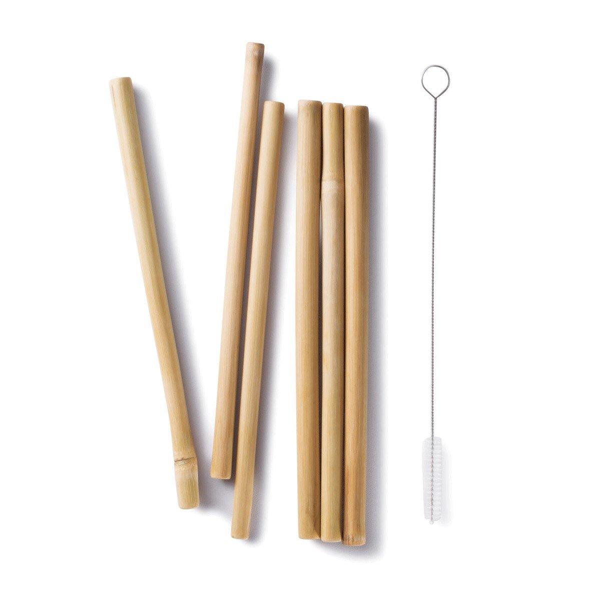 Een foto van Bambu&#39;s set van 6 identieke bamboe rietjes met schoonmaakborsteltje