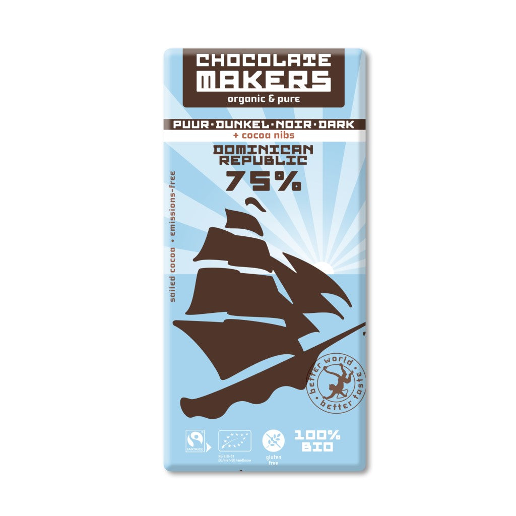 Chocolatemakers - Tres Hombres Chocoladereep - Puur 75% met Gebrande Cacaonibs - Zo Zero