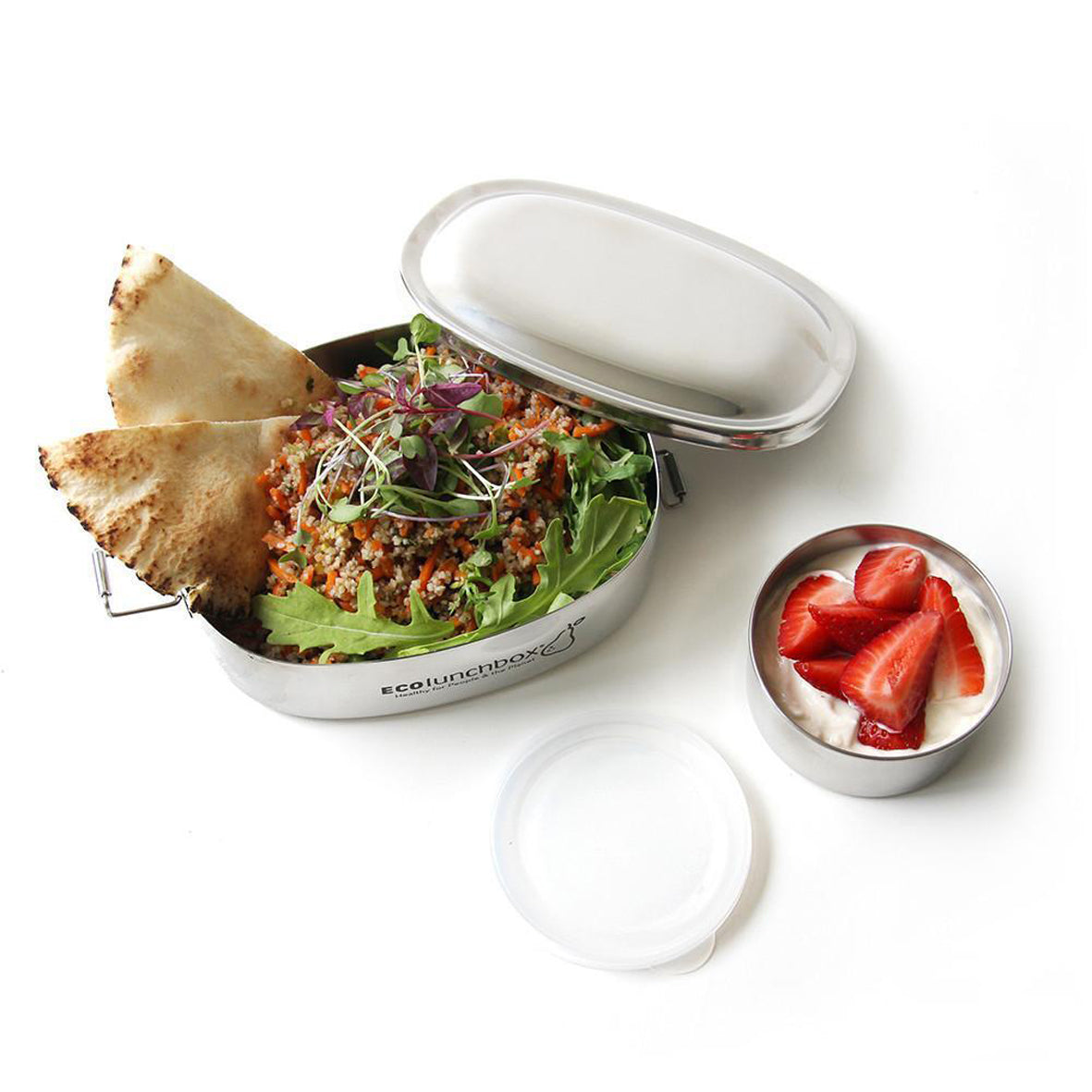 Ecolunchbox Oval met Snack Cup with food display