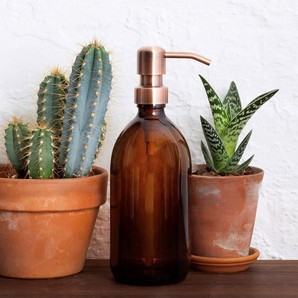 Kuishi Amber Glass Soap Dispenser with Stainless Steel Pump Bronze with Plants