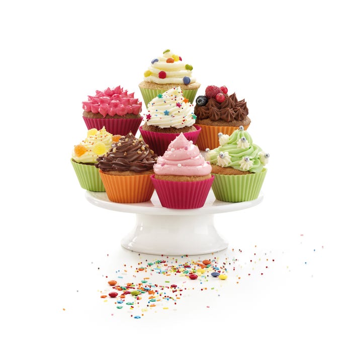 Lékué Muffin Vormpjes in verschillende kleuren op display