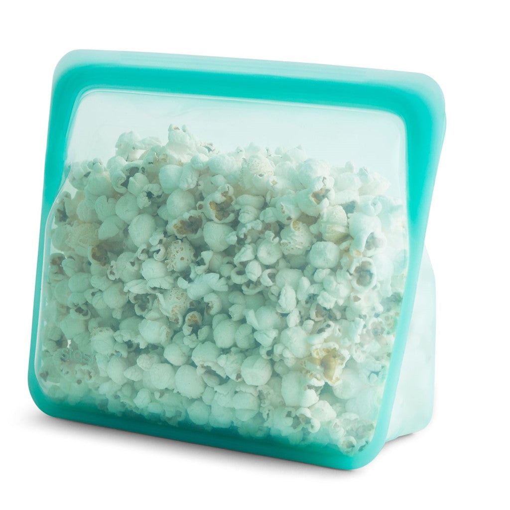 Stasher Bag Stand-Up Mid Aqua with Popcorn