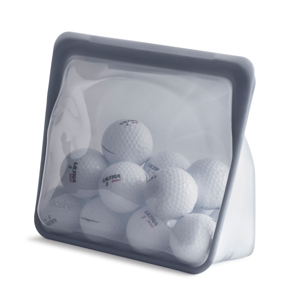 Stasher Bag Stand-Up Mid Black on Grey with Golf Balls