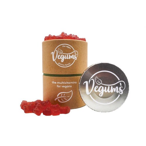 Een foto van Vegums Multivitamines voor Vegans met kartonnen koker en bewaarblikje
